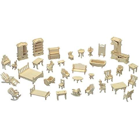 Dollhouse Furniture - Laser Cut Wooden 3D Puzzle Miniature Doll House Kit House Furniture Set - 34 Pieces Cover