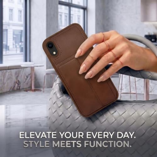 Image of amazon basics Luxury Vegan Leather Back Cover for iPhone XR | Built-in Card Holder Slot | Integrated Mobile Stand | Slim Shockproof Protective Case with Stitched Finish - Brown