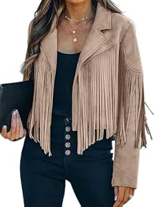 Bibowa Kunstlederjacken für Damen, trendige Herbstjacke mit Westernfransen, Cropped-Jacke 2025, Quaste, aprikose, Small