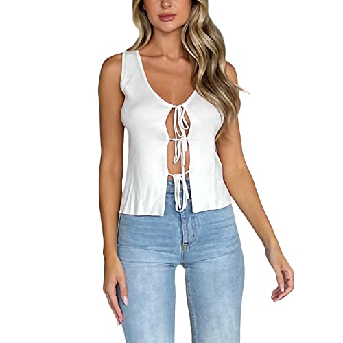 Finegoodwei Mini colete feminino de verão de malha com alça de cor sólida sem mangas gola quadrada (