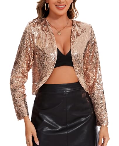 Image of MINTLIMIT Women's Sequin Shrug Bolero Long Sleeve Open Front Party Sparkly Cropped Cardigan Glitter Shiny Jackets