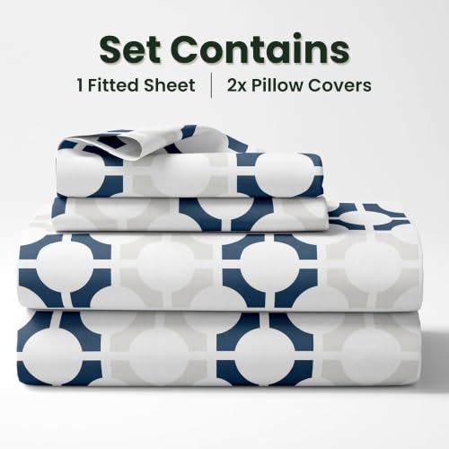 Image of LORETO - A QUALITY LINEN BRAND 144 TC 100% Pure Cotton Double /Queen Fitted Bedsheet with 2 Pillow Covers for 72 x 60 Inch Mattress, All-Around Elastic, 8 Inch Deep Pocket, Colonial Blue Matrix