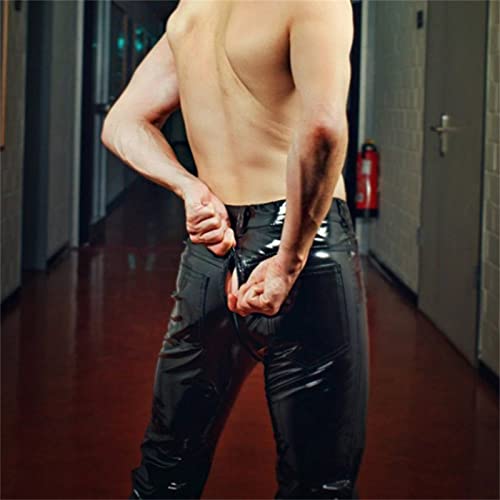 Men Faux Leather Zipper Crotch Pants Shiny Skinny Long Trousers Clubwear Slim Fit PU Leather Metallic Suit Pant3