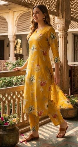 Image of CREATION & YOU Women's Pure Cotton Floral Printed Kurta with Palazzo Pants | Ethnic Set | Kurti Set for Women | Cotton Cord Set for Women