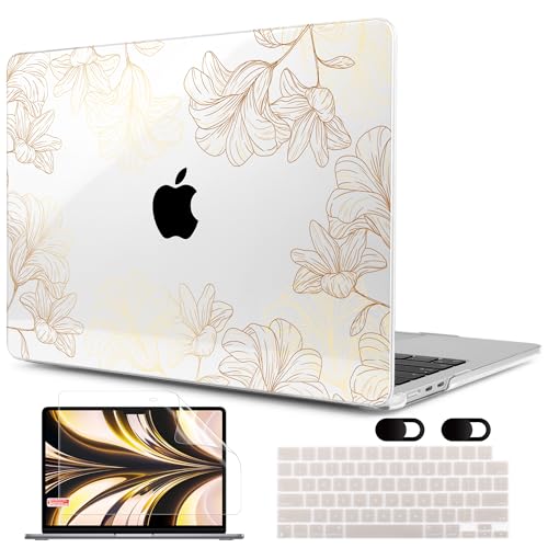 Image of MEEgoodo Case for M5 /M4 /M3 /M2 MacBook Air 13 inch 2026 2025 2024 2022, Fit Model A3449 /A3240 /A3113 /A2681, Case Compatible with MacBook Air 13.6-inch, Drawn Golden Floral