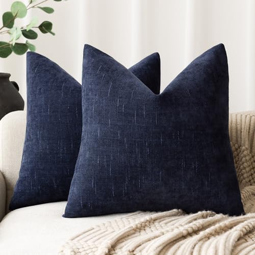 Image of Foindtower Pack of 2 Textured Chenille Throw Decorative Pillow Covers Square Accent Solid Cushion Cover Neutral Modern Farmhouse Pillow Case for Couch Sofa Bedroom Living Room 24x24 Inch,Navy Blue