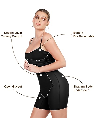 Image of Popilush Bodycon Midi Dress with Built in Shapewear Bra Club Outfits | Light Tummy Control, Spaghetti Straps, Removable Cups, Knee Length, Going Out Summer Dress