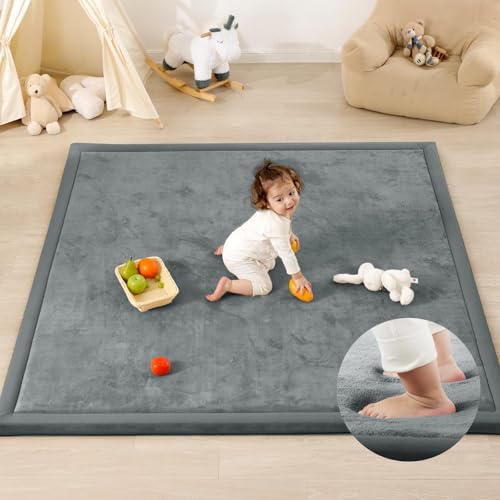 Image of 1.3 inch Thick Baby Play Mat for Floor Playpen, 71x59 Large Foam Tummy Time Mat, Padded Support Soft Plush Nursery Rug for Infant Kids Toddler Crawling Kick Activity (Dark Grey)