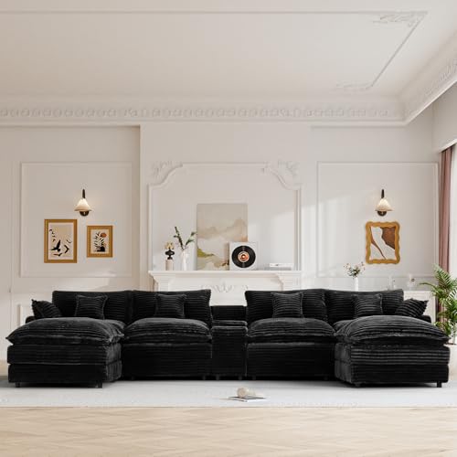 Image of 145 inch Oversized U Shaped Modular Sectional Sofa with Ottoman, Comfy Fluffy Soft Corduroy, Large Cloud Couch with USB Port, Cup Holder and Storage Central Console for Living Room, Black