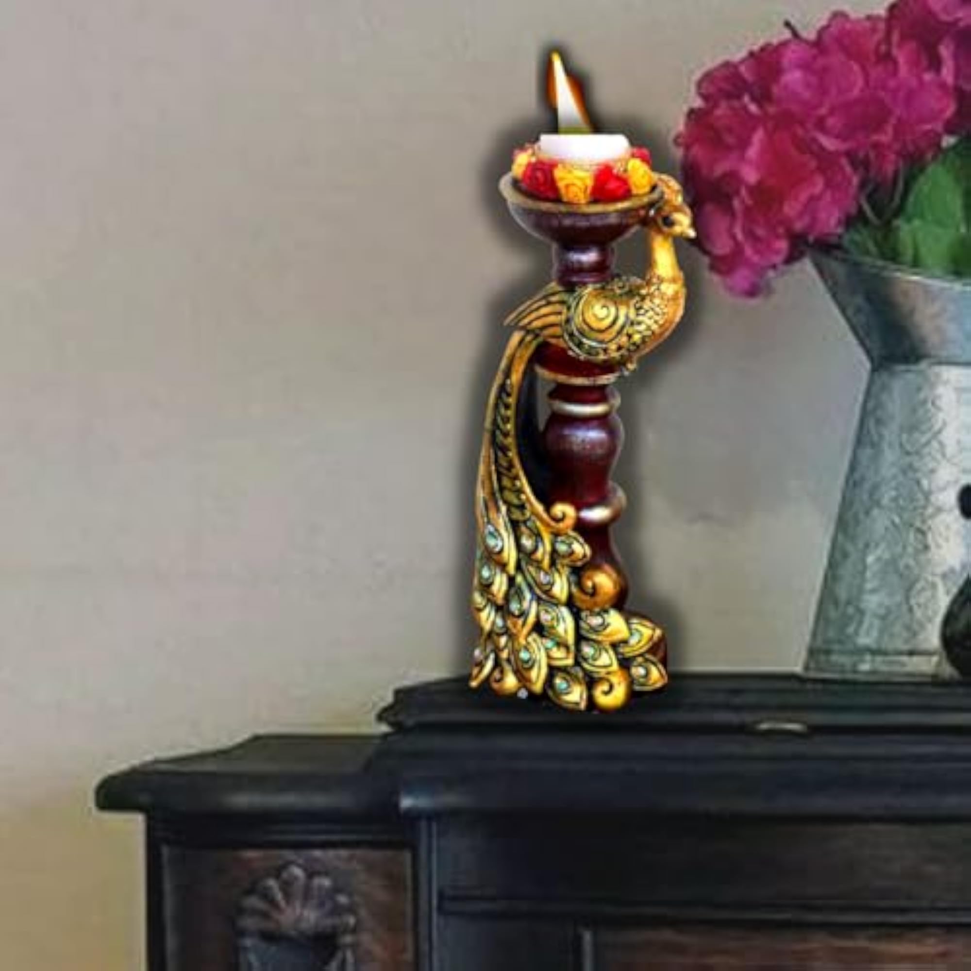 Gold Peacock Candle Holder, Antique Tealight Stand