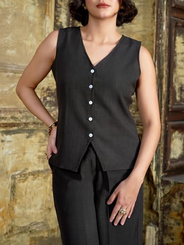 Image of PURVAJA Women's Sleeveless Vests Trouser Solid Co-Ords Set