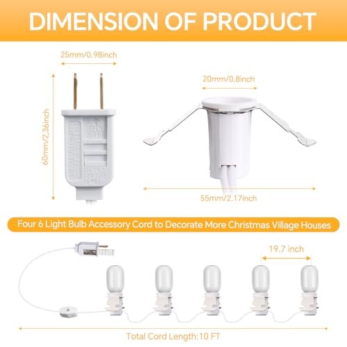 Leelosp 4 Pack 10 FT Christmas Village Light Cord Accessories with LED T20 Bulb, Blow Mold Light Kit Replacement with On Off Switch for Snow Village Houses Halloween Holiday Decorations