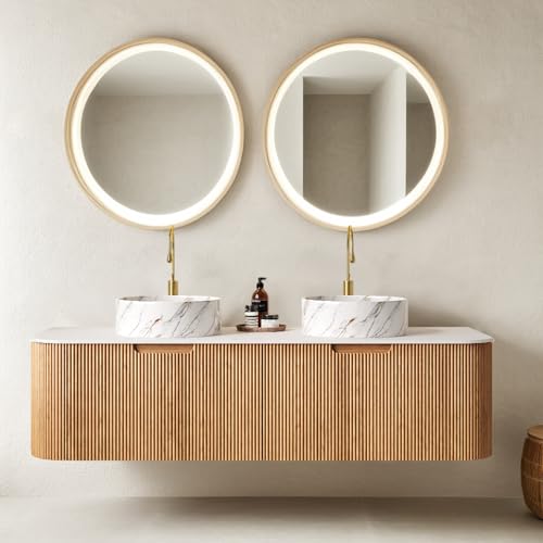 AmbroVania 60 inch Bathroom Vanity with Double Sink, Floating Bathroom Vanities with Ultra-Thin Marble Basin and Countertop, 2 Large Soft-Closing Storage Drawers, Pre-Assembled Cabinet, Nature Wood