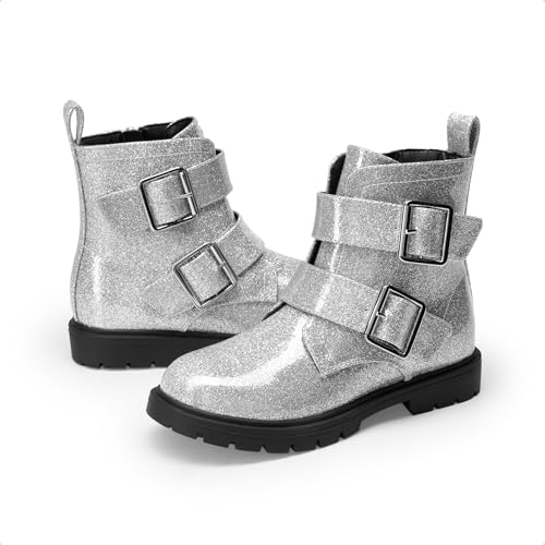 Dream Pairs Girls Boys Glitter Ankle Boots Side Zipper Combat Shoes With Buckles Toddler/Little Kid/Big Kid,Size 11 Little Kid,Silver,Sdbo2415K thumb #3