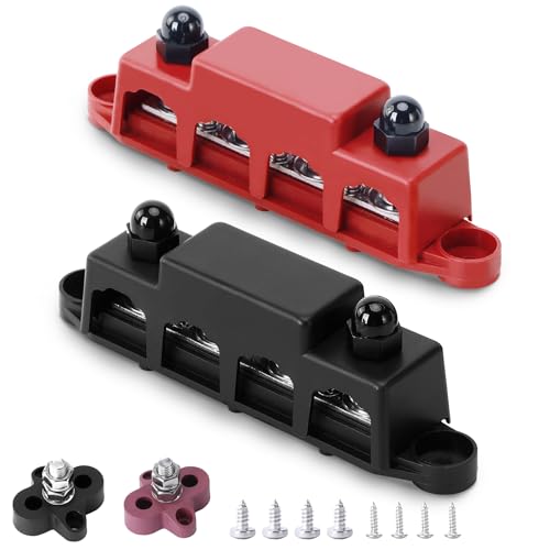 BOSYTRO 2 peças bloco de distribuição de 12 V - 48 V CC, 250 A barra, com 4 parafusos de terminais M10 e 2 x bornes bateria M8, barra coletora de cobre para automóvel camião RV barcos (vermelho preto)