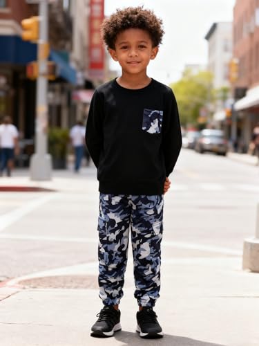 Image of Boy Clothes Plant Camouflage Pants LA Letter Print Top Sweatsuit Fall Boys Outfits Set