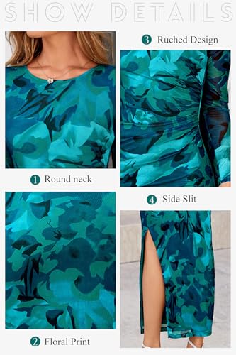 Image of CFLONGE Long Sleeve Dress for Women Floral Print Ruched Wedding Guest Maxi Dresses Tight Fitted Cocktail Party Bodycon Dress