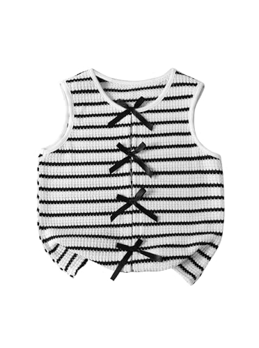 Ecolala Girls Tank Tops Knit Striped Shirts Cute Sleeveless Vest Casual Summer with Ribbon Bow White Black 7-8 Years