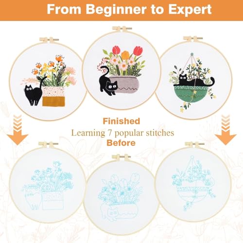 Image of RidaaFri Embroidery Kit for Beginners, Set of 3 Stamped DIY Kits with Cat, Floral, Plant Patterns for Adults, Includes Hoop, Needles, Floss, Step-by-Step Video Tutorial, Complete Sewing Craft Supplies