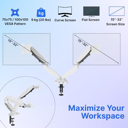 Image of UNIQ MOUNTS Heavy Duty Premium 13''-27'' Dual Monitor Arm, 180 Swivel, 360 Rotation, +90-85 Tilt, VESA 75x75 /100x100, 15kg Weight Capacity Per Arm, 2 USB Port (White)
