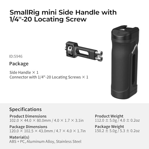 Image of SmallRig Mini Side Handle with 1 /4 inch-20 Locating Screw, Camera Cage Side Handle for Left or Right Hand, Up and Down Adjustable, with Built-in Cold Shoe & Threaded Hole, Max. Load 10kg / 22lb 5946