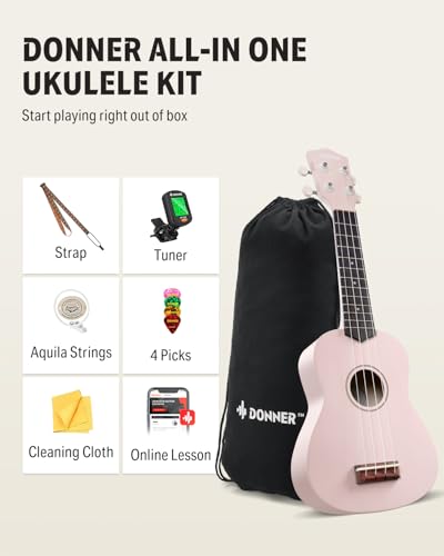 Image of Donner Soprano Ukulele for Beginner 21 Inch Matte Ukulele Beginner Kit with Bag Strap Tuner Strings Picks Cloth, Free Online Lessons, Kids Holiday Christmas & Birthday Gift (Light Pink)