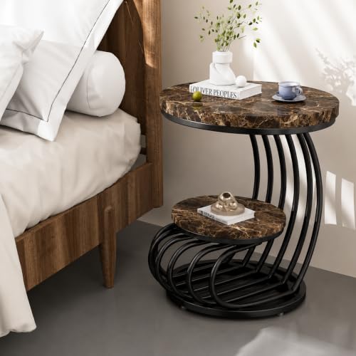 Image of Modern Double-Top Coffee Table with Rustic Farmhouse Accent, Multipurpose Living Room Bedroom, Two-Tier Small Sofa Side Bedside Table with Metal Frame Nightstand (Black Brown Mg)