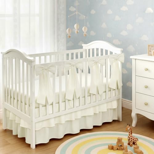 Image of SmoothNovelty Beige Crib Bed Skirts with 4 Large Cot Bow 28 inch x 52 inch Baby Crib Skirt for Boys Girls Nursery Toddler Bed Skirt Dust Ruffle 14 inch Drop (Double Layer)