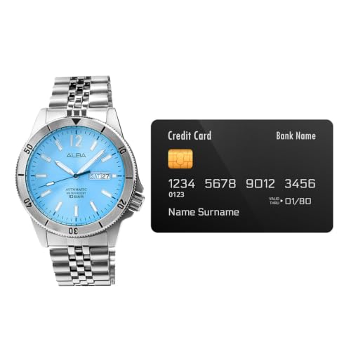 Image of ALBA AL4653X1 Automatic Analog Watch for Men | Olympic Ice Blue Dial | Japanese Y676 Automatic Movement | 44 mm Stainless Steel Bracelet | Two-Way Rotating Bezel | Day & Date Display | See-Through Case Back | Mineral Crystal | 10 BAR Water Resistant