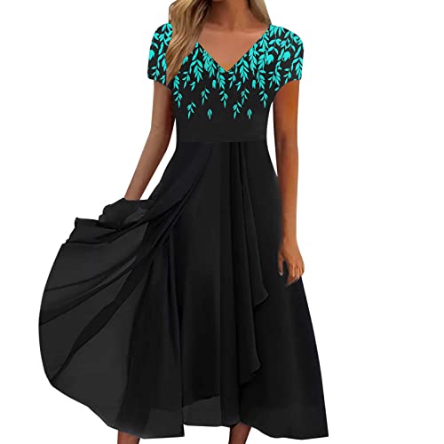 Women's Sexy V Neck Maxi Dress Tea Length Casual Patchwork Long Dress Fashion Elegant Short Sleeve Evening Cocktail Dresses 35-Green,X-Large #TOP21