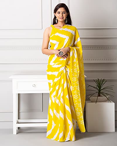 Shivanya Handicrafts Lehariya Print Cotton Mulmul Saree for Women Attached Blouse Piece