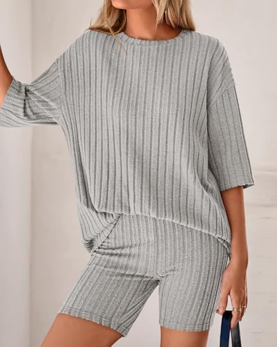 Image of KIRUNDO Short Sets For Women Summer 2 Piece Matching Lounge Sets Casual Rib Knit Tshirts Biker Shorts Beach Vacation Outfits