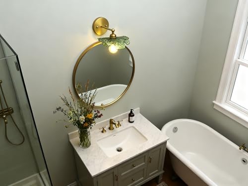 Image of Phansthy Hardwired Wall Light Boho Brass Finish Vintage Wall Sconce with Green Leaf Shaped Glass Shade, Vanity Lighting Suitable for Bathroom Living Room Hallway (Antique Gold)
