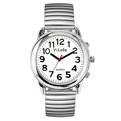Montre parlante en Anglais - Voix Claire et puissante - pour Femme - Donne l'heure, la Date ou l'heure de l'alarme - pour Personnes âgées, malvoyantes ou aveugles - avec Bracelet Cover