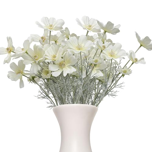 6pcs Cosmos Artificial Flowers, White Faux Wild Flower for Home Decor, 24' Plastic Fake Long Stem Calliopsis, Realistic Simulation Bouquet for Arrangement Wedding Garden Party Table Kitchen Decoration