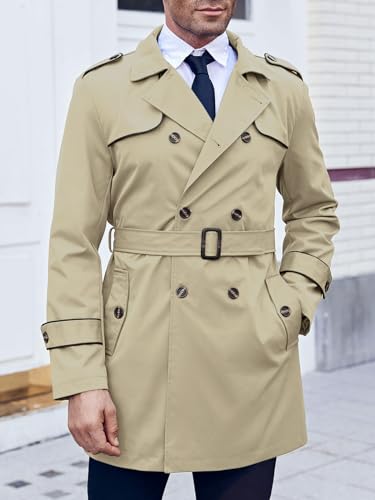 Image of Makkrom Men's Trench Coat Slim fit Double Breasted Notched Lapel Belted Windbreaker Long Jacket Casual Windproof Overcoat