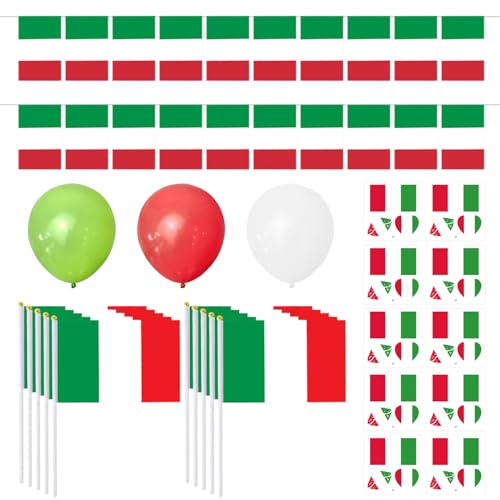 TYFGRT 1 Ensemble De Décoration De Drapeau Italien, 30 Ballons De Fête, 1 Drapeau À Ficelle, 10 Drapeaux Agités À La Main, Adaptés À La Décoration De Fête Et...