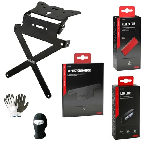ESCRIZIONE E CARATTERISTICHE PRODOTTO: KIT UNIVERSALE COMPLETO DI 4 PRODOTTI PER MOTO MARCHIO LAMPA COD. SET-PSC1 1° PORTATARGA: - Il portatarga è universale e non specifico, che può essere adattato o che va adattato con qualche modifica - Attacco sottocodone - Alluminio anodizzato - Inclinazione regolabile - Peso 250 grammi - Predisposizione per frecce e luce targa - Dimensioni: Altezza 270 mm - Larghezza 200 mm - Profondità 40 mm - colore nero 2° SUPPORTO PER CATARIFRANGE