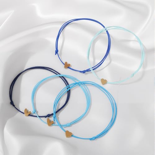 5 Pcs String Bracelets, Adjustable Heart Bracelet Bulk with Gold Heart Cord Blue gradient Bracelets for Women4