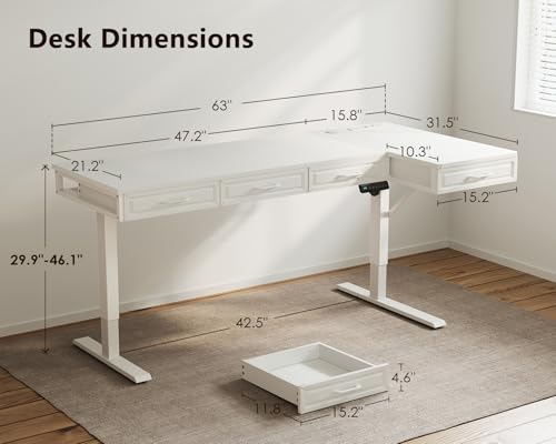 Image of OffiGo 63 Inch L Shaped Standing Desk with 4 Wooden Drawers, White