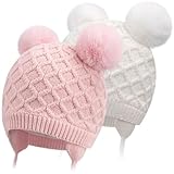 Labeol Baby Hats, Soft Warm Winter Knit Toddler Beanie with Windproof Earflap, Baby Beanie with Cute Pom-pom Ears, Fall Winter Hats for Toddler Kids Girls Boys (6-24M, White + Pink)