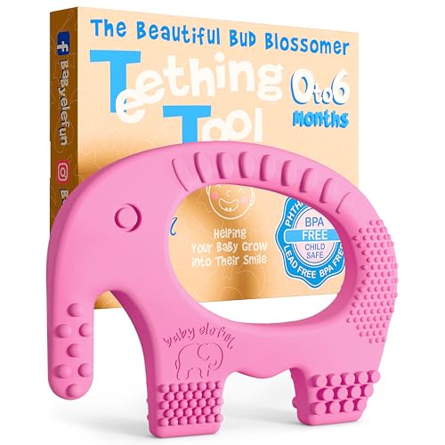 Image of Cute Valentines Day Baby Gift - Baby Elefun Teething Toys for Babies Age 0 to 6 Months - 5X Pain Relief Smart Teether, Zero Developmental Delay Pink Silicone Teething Toy for Infants and Baby Shower