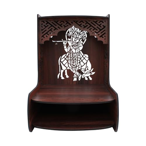 Image of Olive Tree Ethnic Wooden Pooja Mandir for Home Handcrafted Puja Stand | Wall Mounted with LED Spot Light | Mandapam, Pooja Ghar, Temple Office Decor - Walnut Size 12X12X16 Inch 1002
