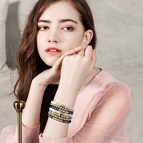 Surfer Heishi Clay Bead Bracelets For Women Bohemian Stackable Evil Eye Vinyl Disc Beaded Stretch Bracelets Elastic Layering Friendship Bracelets Boho Jewelry (E-Black&White 7Pcs) #TOP5