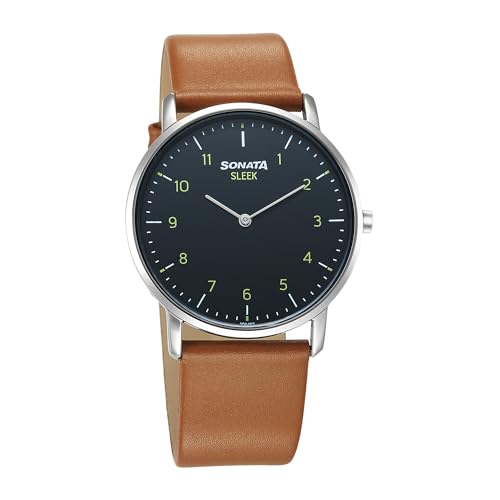 Sonata Sleek Quartz Analog Grey Dial Tan Leather Strap Watch for ...
