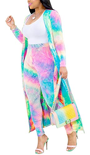 Women's 2 Piece Outfits Floral Long Sleeve Open Front Cardigan High Waist Long Pants Set,Tie Dye,S