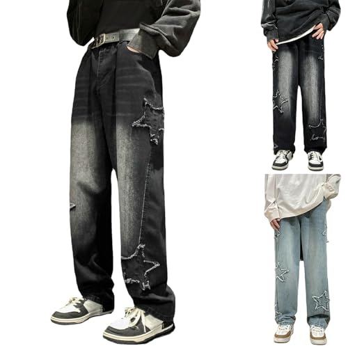 Boys Vintage Jeans Teen Y2K Star Ripped Wide Leg School Denim Pants Elastic Waist Hip Hop Aesthetic Trousers