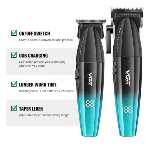 Image of VGR 640S2 Professional Hair Clippers for Men, 9000RPM Cordless Barber Clippers and Trimmers Set, Zero Gap T-Blade Hair Cutting Kit, DLC Coated Ceramic Blade Barber Kit with LED Display(Green)