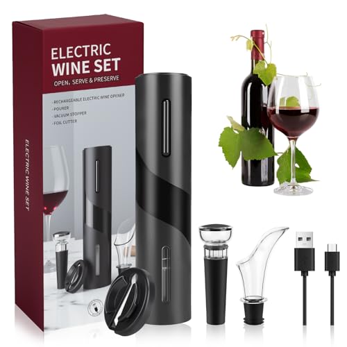 TAVADA Sacacorchos Eléctrico Recargable, Juego de Regalo de Vino con corta cápsula, Boquilla Aireador, Bomba de Vacío y Cable USB del Abridor de Vino Electrico - Regalo hombre para amantes del vino