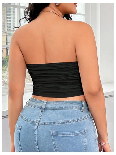 WDIRARA Women's Plus Size Strapless Ruched Crop Tube Tops Summer Slim Fit Sleeveless Bandeau Top2